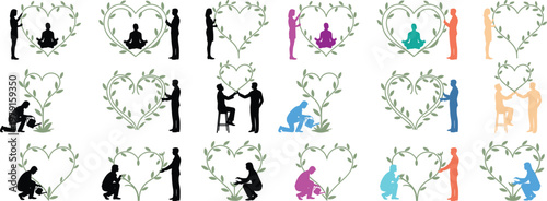 Set of human silhouette figures with award wreaths in various celebration and achievement poses with solid fill shapes, minimal flat vector collection
