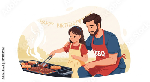 Dad and Daughter BBQ Cooking Lesson Backyard Summer Family Vector Scene