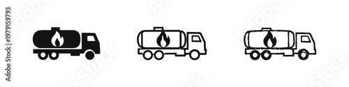 Flammable Tanker Truck Icon Set. Fuel Transport Hazard Symbol. Oil Tanker with Flame Icons for Logistics and Safety.