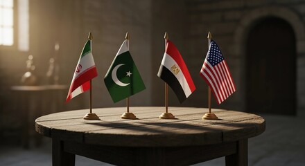 Four small flags of different countries on a wooden table in a dimly lit room