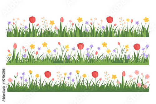 Three rows of flowers with red centers growing in green grass Vector