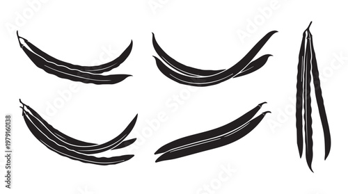 Green Bean Pods in Minimalist Black and White Silhouette Style