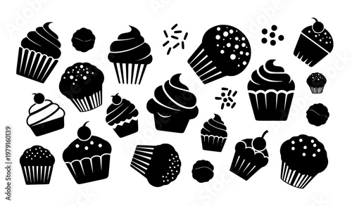 Modern Black And White Cupcake Vector Illustration Set