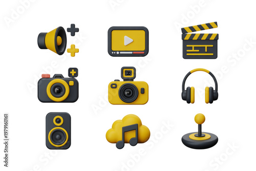Collection of gaming and multimedia icons featuring headphones, speakers, and controllers Vector