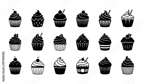Vintage-Style Black-and-White Cupcake Vector Icons Set