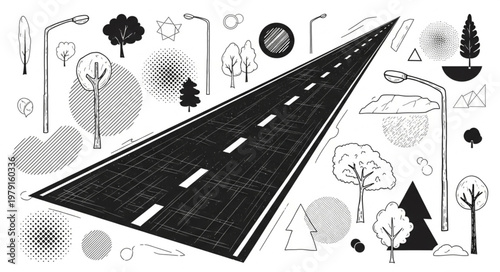 Abstract Road Illustration with Trees and Streetlights.