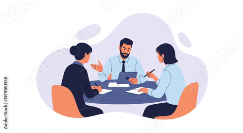Business meeting: three people discussing at a table, teamwork, collaboration, strategy