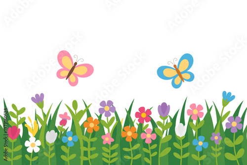 Colorful butterflies and flowers in a cheerful meadow setting Vector