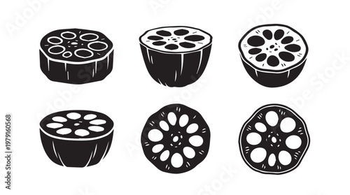 Lotus root slices in a simple black and white graphic illustration style