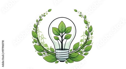 Green energy light bulb with growing plant leaves, sustainable ecology concept icon, renewable power and environmental conservation symbol on white background