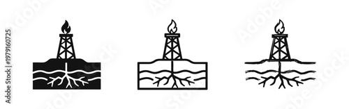 Oil and Gas Drilling Rig with Flame Icon Set, Energy Extraction Industry and Fossil Fuel Pictograms