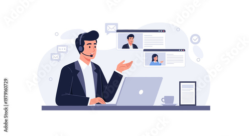 Customer service agent on video call with clients, online communication, remote work