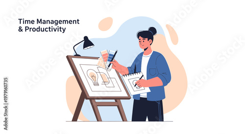 Creative process, time management, and productivity illustration with artist concept