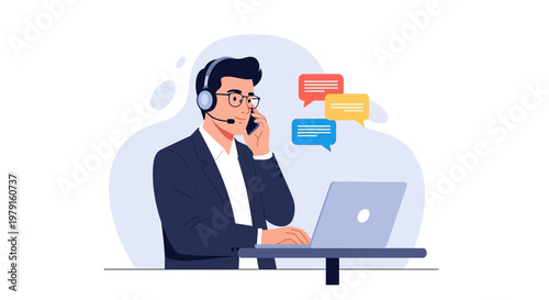 Customer service agent with headset and laptop, communication icons, business concept