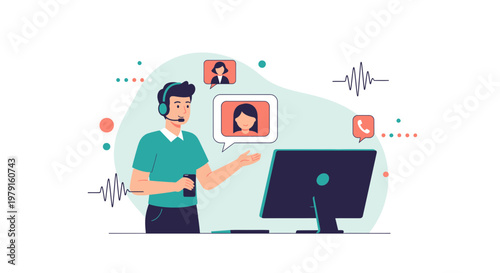 Customer service agent with headset on video call, online communication concept