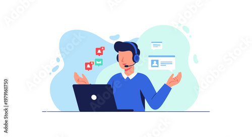 Customer Support Agent with Headset and Laptop, Receiving Notifications