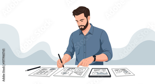 Designer creating website wireframes and user interface on desk with tablet and sketches