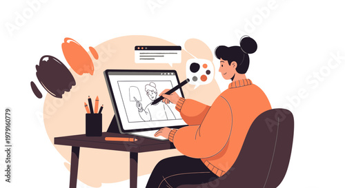 Digital Artist Drawing on Tablet, Creative Workspace, Illustration Process
