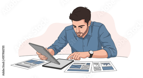 Designer Working on Tablet with Website Wireframes and Mockups