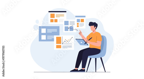 Designer working on website layout and data analysis with laptop and stylus