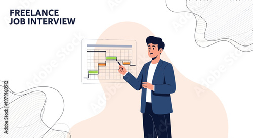 Freelance Job Interview: Man presenting chart, career growth, business meeting concept