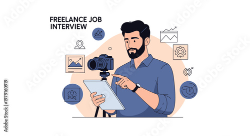 Freelance Job Interview: Man with Camera and Tablet, Digital Business Concepts