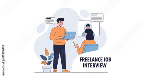 Freelance Job Interview Online: Man with Laptop and Woman with Phone
