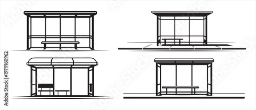 Collection of Modern Bus Stop Shelter Illustrations with Benches and Transparent Panels.