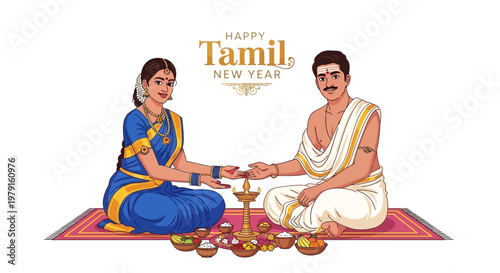 Vector illustration depicting a Tamil couple exchanging vows during the Puthandu festival, set against a clean white background with traditional Tamil New Year designs and a warm