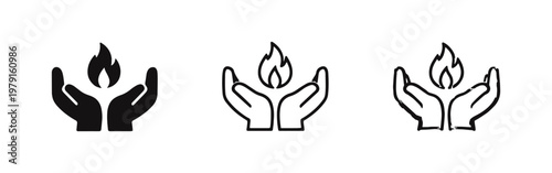 Hands Cupping Flame Icon Set - Symbolizing Energy Protection, Care, and Natural Gas Heating