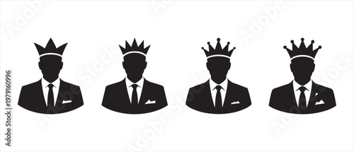 Business Leaders Icons with Crowns. Silhouettes of Men in Suits Symbolizing Royalty and Success.