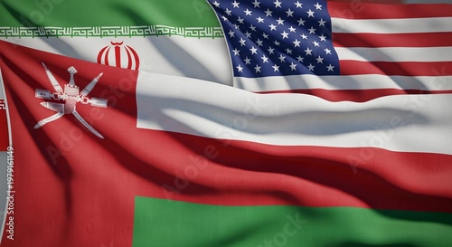 The flags of Oman, United Arab Emirates, and the United States waving together in a symbol of international diplomacy and cooperation.