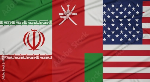 The national flags of Iran, Oman, and the United States displayed side by side