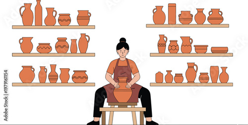 Cartoon pottery workshop in colorful vector illustration of ceramics and clay art
