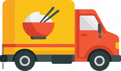 Minimalist flat design vector illustration of a food delivery truck with a blue cargo box and yellow wheels representing logistics catering services and commercial transport