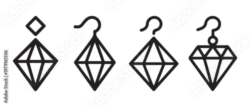 Set of geometric diamond earrings icons, minimalist line art for jewelry design, isolated on white background.