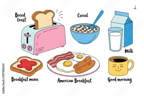 Colorful assortment of baked goods and breakfast items on a table Vector