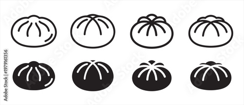 Baozi Steamed Bun and Chinese Dumpling Icons. Outline and Solid Black Symbols for Asian Food Design.