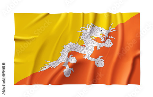Realistic Bhutan country flag isolated on a transparent background. Silk atlas detailed fabric flag. Vector PNG