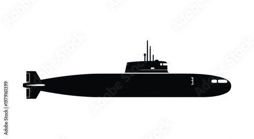 A sleek black submarine depicted in a striking side view silhouette