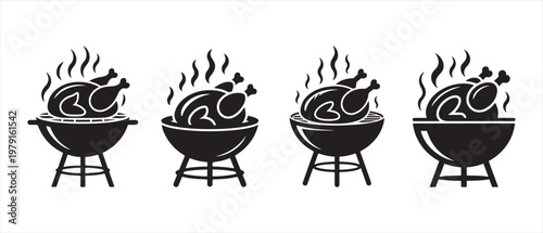 Barbecue Chicken Icons. Whole roast chickens cooking on four different kettle grills, emitting steam.