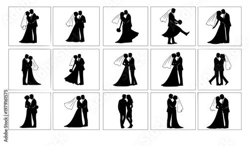 Wedding couple silhouettes set with romantic poses kissing dancing and embracing vector isolated on white background
