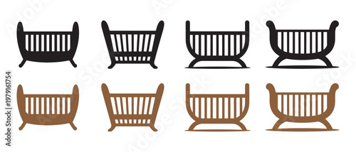 Collection of crib icons set. in black and brown, presented as clean vector graphics on a white background.