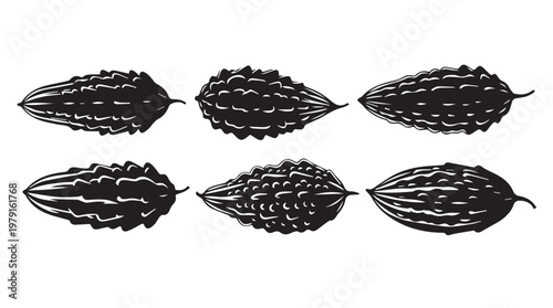 Six Bitter Melon Silhouettes on White Background