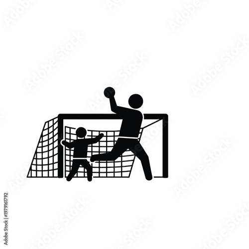 Handball Icon Flat Style Players Jumping and Goalkeeper Defending Net