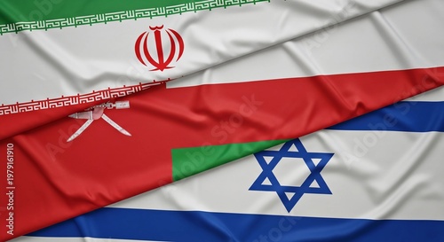 Flags of Iran, Oman, and Israel displayed together in a symbolic arrangement