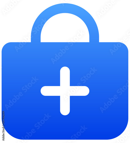 Blue shopping bag icon with plus sign for adding products to cart