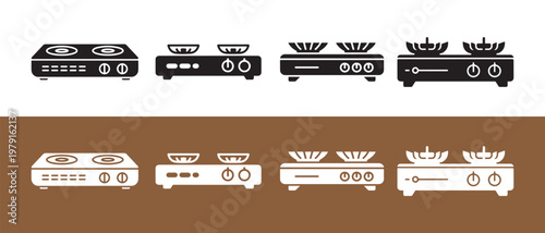 Set of vector icons illustrating portable two-burner stoves in black and white variations.