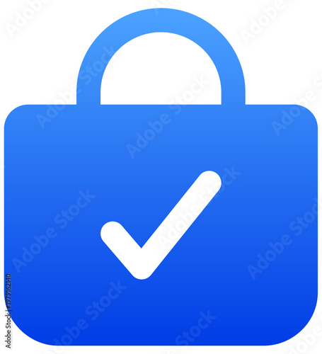 Blue shopping bag icon with check mark for successful order completion