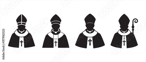 Set of Bishop and Clergy Silhouettes. as Religious Icons with Mitres and Crosses on White Background.